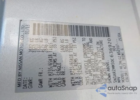 2013 Nissan Pathfinder Sl z USA, uszkodzony, nr VIN 5N1AR2MM5DC636920